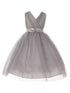 Little Girls Silver Rhinestone Satin Sash V-Neck Tulle Flower Girl Dress 2-6 - SophiasStyle.com